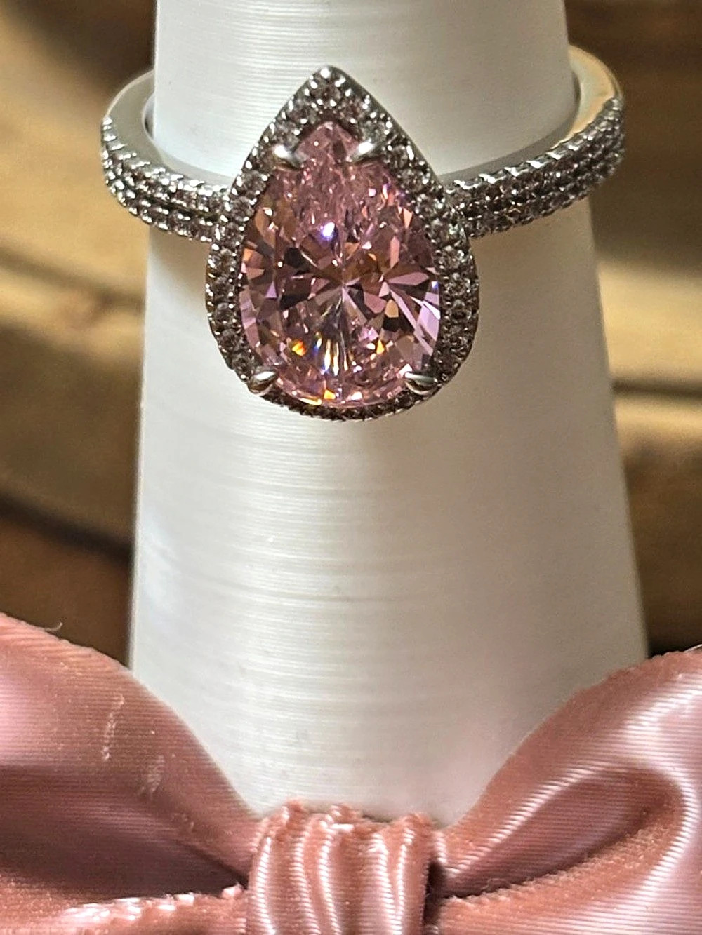 Pink CZ and Silver-tone Teardrop Ring with clear pave. Size 9. New.